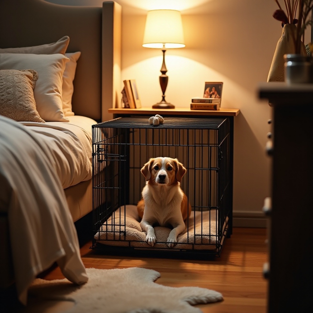 jaula para perros en el dormitorio